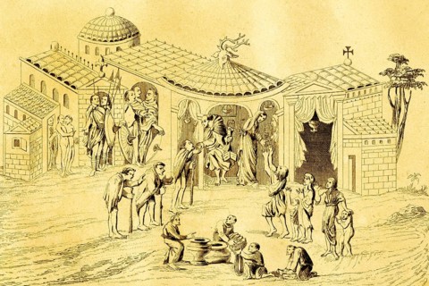 Residence of a noble Saxon, palace, nobility, soldiers, life, poverty, feeding the poor, food, aid,