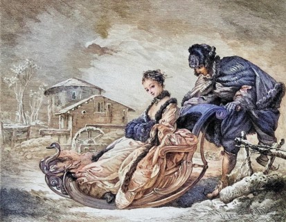 Winter Pleasures by E. Champollion after Boucher, engraved by A. Quantin, Historic, digitally