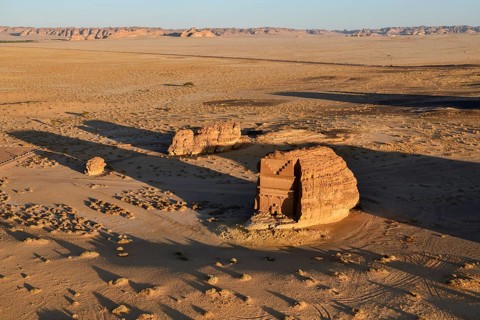 Qasr Al-Farid, 2000-year-old tomb of the Nabataeans, aerial view, Hegra or Madain Salih, AlUla