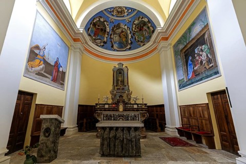 Church altar area, interior view, in the village of Sonogno, Verzasca Valley, Valle Verzasca,