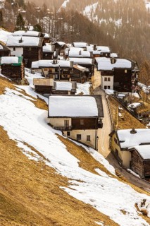 Snow-covered old farmhouses, historic town center, Chandolin, Val d'Anniviers, Valais Alps, Canton
