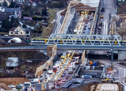 Traffic jam at the permanent construction site of the A8 motorway near Pforzheim-Ost. One side of
