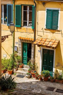 Entrances decorated with flowers, mountain village of Poggio, Elba Island, Tuscan Archipelago