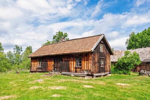 Old idyllic wooden cottage on a meadow with an old barn in a historic old rural setting in summer,