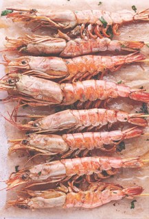 Shrimp on skewers, grilled, laid out on the table, top view