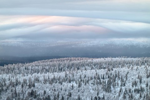 Clouds over forested mountain ranges, Saariselkä, Lapland, Finland, January 2025