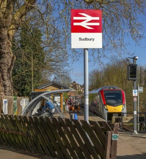 Abellio Greater Anglia class 745 train arriving at platform of railway station, Sudbury, Suffolk,
