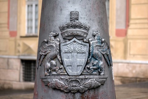 City coat of arms of Genoa on a street lamp, Piazza de Ferari, Genoa, Italy