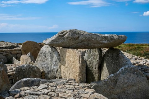 Plouhinec, Brittany, France - Dolmen tomb, dolmen of the Pointe du Souc'h at the information centre