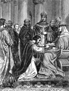 Lothair II, 835, 869, king of Lotharingia, kneeling down before Pope Adrian II