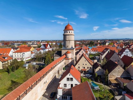 Aerial view of the historic old town of Nördlingen with the completely comprehensive and accessible