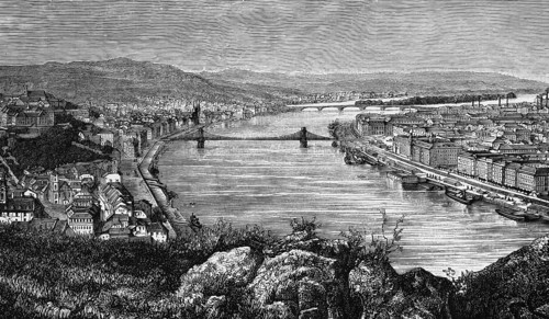 View from above of the Hungarian capital Budapest on the Danube, Danube bridge, river bank with