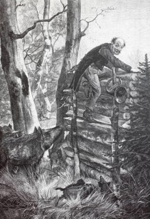 Man with a hunting horn fleeing from a wild boar onto a pile of wood, 1890, Austria, digital