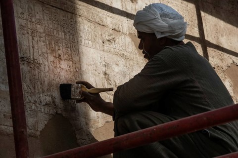 Luxor, Egypt. February 12th 2009 Restoration work Pharaonic inscriptions at the ancient Egyptian