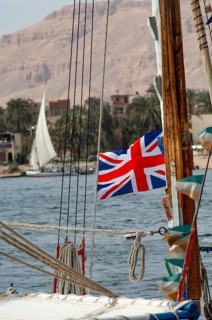 Luxor, Egypt. February 14th 2009 The British Union Jack flag flying from an Egyptian Felucca sail