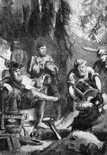 Captain William Kidd (1645 to 1701) watches as his crew hides a treasure in a cave. He was a
