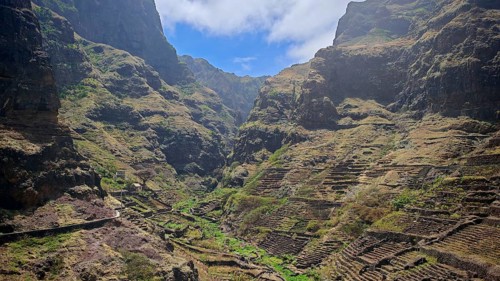 Impressive mountain gorge with terraced fields and clear skies, hiking, Santo Antao, Cabo Verde,