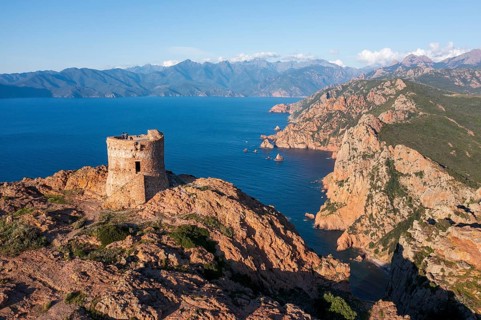 Aerial view, panorama, Genoese tower, stone tower, Torra di Turghju, Capo Rosso, Gulf of Porto,