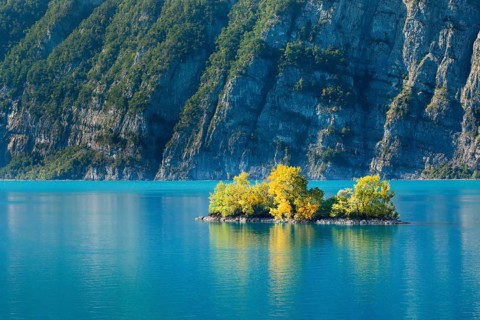 Small chive island in the turquoise waters of Lake Walen, Canton St. Gallen, Switzerland