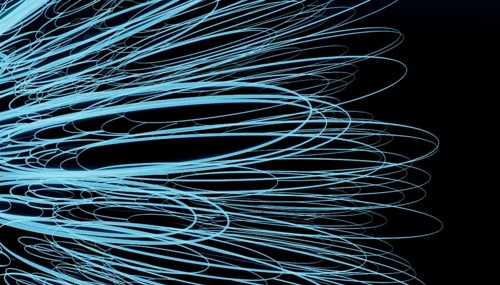 This image features a 3D render of intertwining light strands in a fluorescent blue hue against a