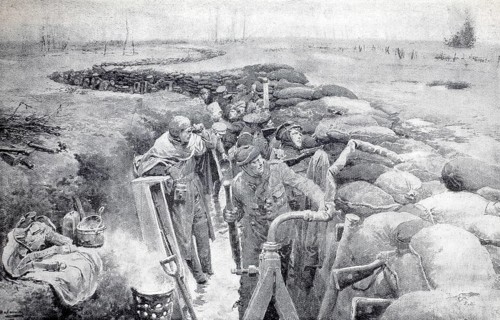 First World War. English troops in flooded trenches in Ypres, 1914, illustration, reproduction from