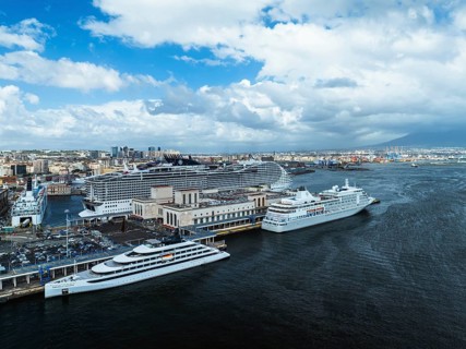 Naples Ferry Terminal from a drone, Molo Immacolatella Vecchia, Naples, Campania, Italy