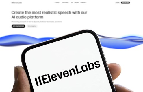 Elevenlabs logo is displayed on smartphone. ElevenLabs is a software company