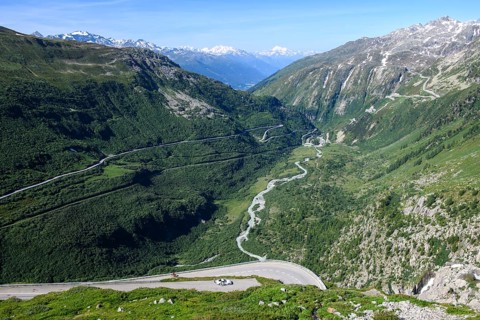 View from Furka road down the valley rhône to front bottom viewpoint on Rhone waterfall waterfall