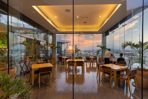 Guadalajara, Jalisco, Mexico, October, 2021: Dinner at a restaurant in a trendy hotel overlooking