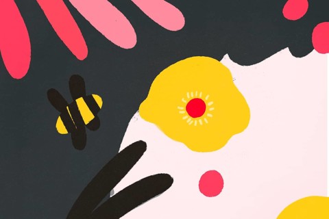 This artistic illustration features a stylized yellow flower and a bee on a dark backdrop, enhanced