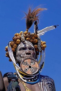 Ethiopia, Mursi woman, lip plate, plate lips, dhebi, body painting, jewelry scars, a person,