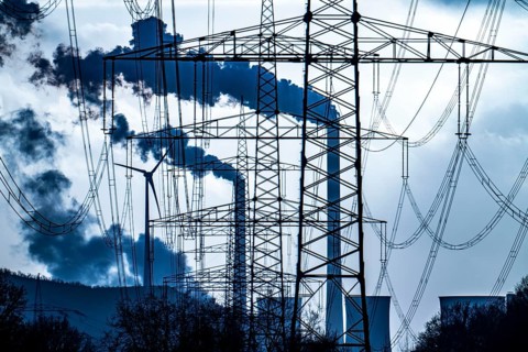 High-voltage power lines, overhead pylons, UNIPER coal-fired power plant Scholven in the