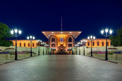 Illuminated Sultan's Palace at night, Al Alam Palace, Muscat, Oman