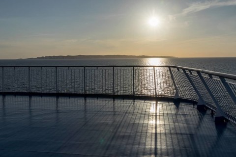 By ferry on the Baltic Sea, evening off the coast of Denmark, crossing from Rostock to Trelleborg