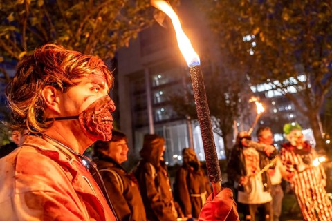 The Zombiewalk in Essen, on Halloween several hundred people, some dressed as scary zombies,