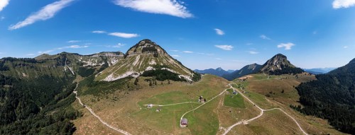 Drone shot, panorama shot, mountain landscape, Genneralm with Gennerhorn and Holzeck,