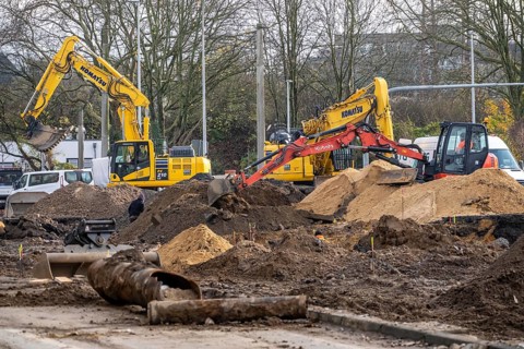 Large construction site in the city center of Essen, the large intersection of Hollesstraße and