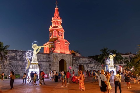 Old town, entrance, bell tower, Cartagena, Colombia