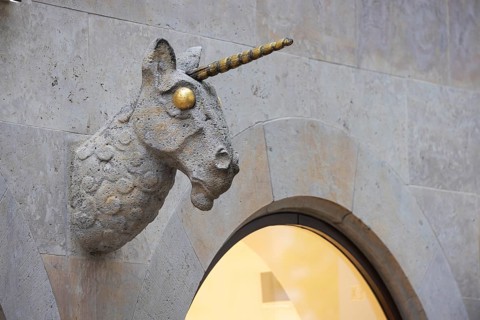 Unicorn bust, stone sculpture, shop in the old town centre of Bamberg, Upper Franconia, Bavaria,