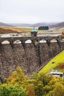 Autumn colors over Craig Goch Dam, Elan Valley Reservoirs, Elan Valley, Rhayader, Powys, Wales, UK