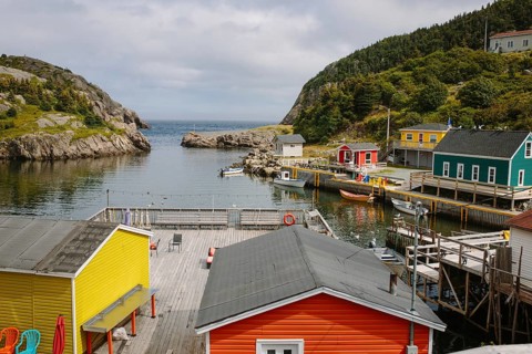 Colorful coastal view of a vibrant waterfront in St. John's, Newfoundland & Labrador. The scene