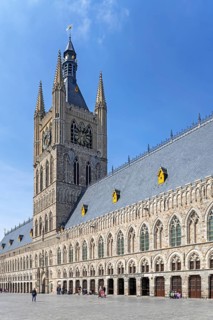 13th century Gothic Cloth Hall, belfry and In Flanders Fields Museum at city Ypres, Ieper,