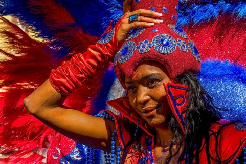 Colourful costumed, pretty woman. Carnival. Mindelo. Cabo Verde. Africa