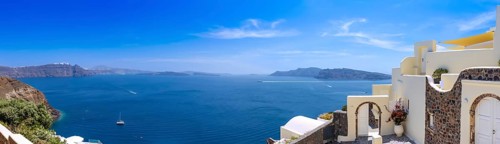 Greece, Greek Islands cruise, scenic panoramic sea views from top outlook of Oia