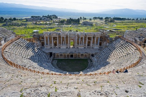Old theatre with extensive views over an ancient landscape, amphitheatre, Hierapolis, Pamukkale,