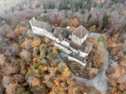 Aerial view of Hohenklingen Castle above Stein am Rhein on a foggy autumn day, Canton Schaffhausen,