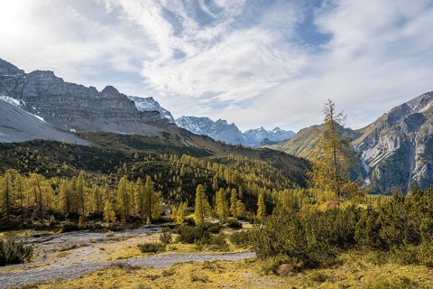 Mountain panorama with steep rocky peaks, yellow-coloured larches in autumn, hike to the summit of