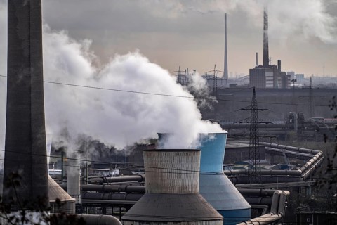 Panorama of the Thyssenkrupp Steel steelworks in Duisburg-Bruckhausen, cooling towers, at the