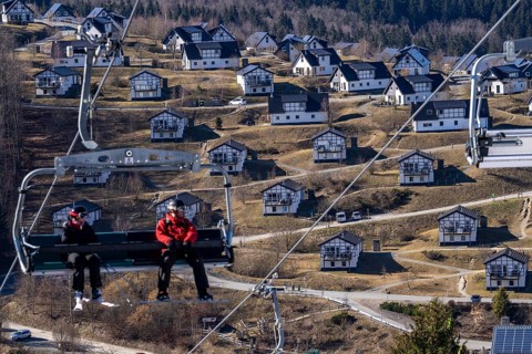 Winter sports area in the Sauerland, Winterberg ski lift carousel, artificial snow slopes,