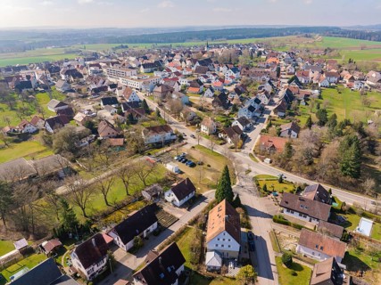Densely built-up village with various buildings and neighbouring green areas shown in perspective